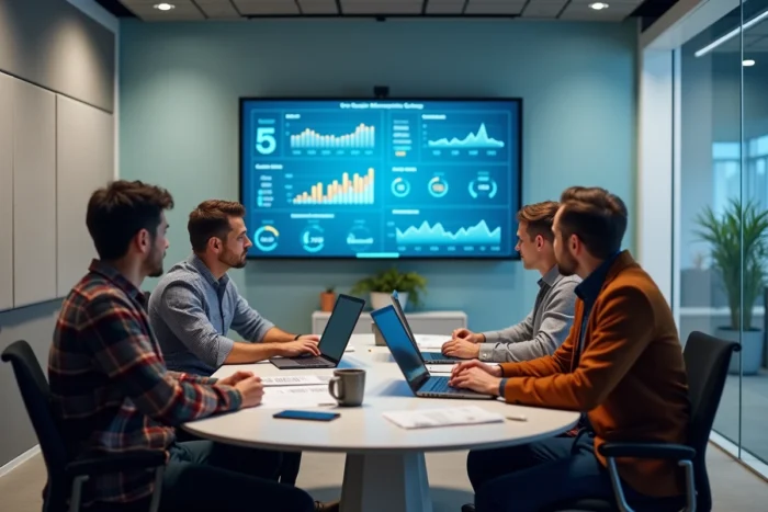 Équipe de professionnels analysant des tableaux de bord numériques lors d'une réunion de transformation digitale en entreprise