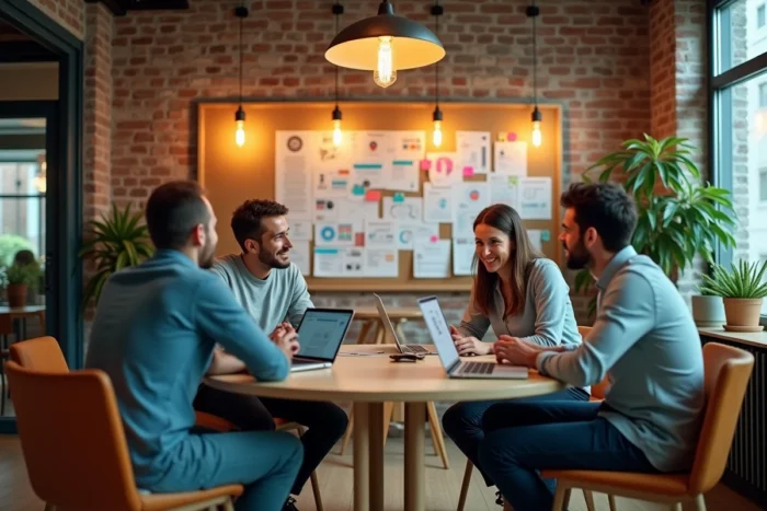 Équipe de startup en session de brainstorming dans un espace de co-working à Genève, Suisse