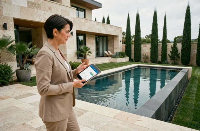 Architecte évaluant une villa de luxe avec piscine à débordement lors d'une estimation immobilière haut de gamme
