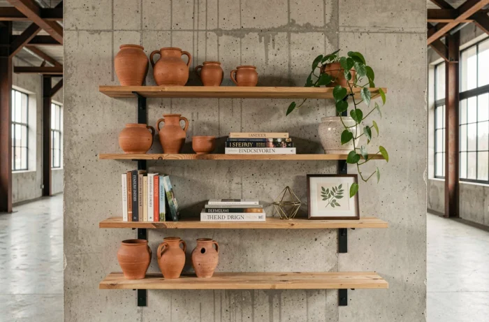 Étagère ouverte stylisée avec poterie, plantes et livres dans un appartement loft industriel