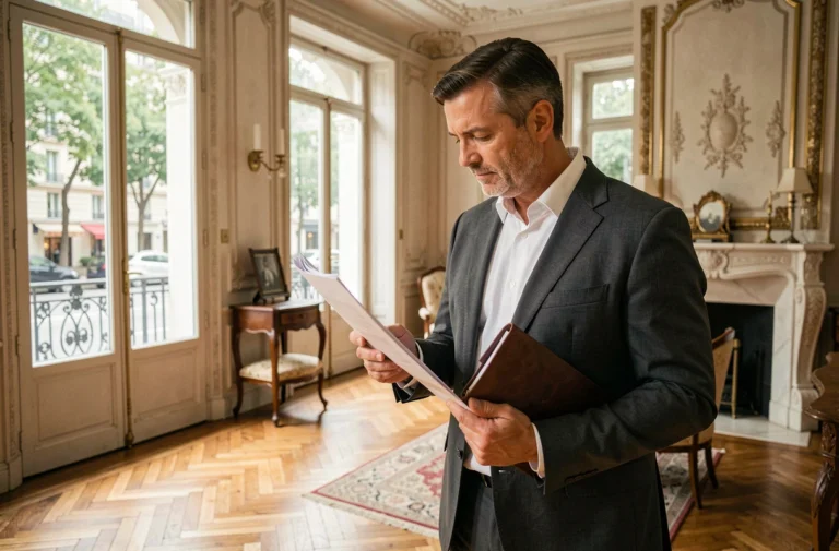 Expert immobilier en costume analysant des documents d'estimation dans un appartement de prestige haussmannien à Paris