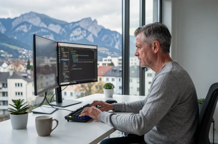 Expert numérique d'une ESN travaillant sur un projet de développement informatique avec vue panoramique sur Grenoble et le Vercors