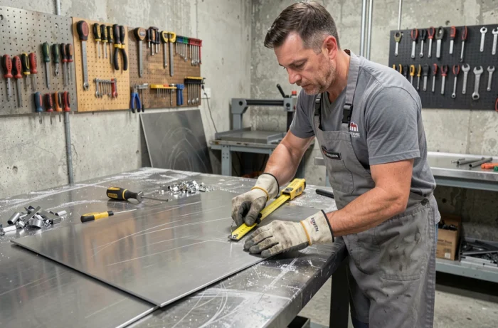 Artisan mesurant une feuille d'inox sur mesure dans un atelier de fabrication métallique pour une crédence de cuisine