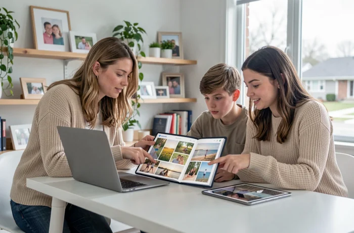 Famille en train de créer un livre photo numérique ensemble sur un bureau scandinave moderne à la maison