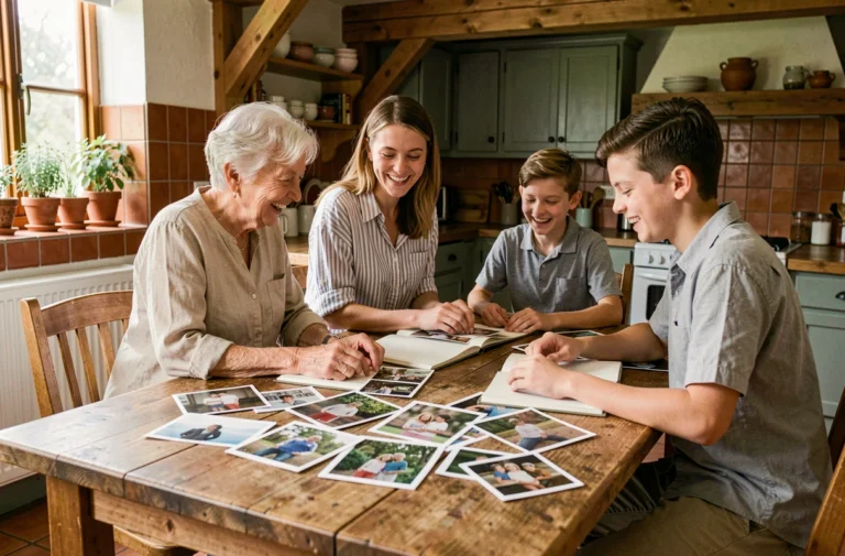 Famille multigénérationnelle réunie autour d'une table en bois pour trier des albums photos dans une cuisine chaleureuse