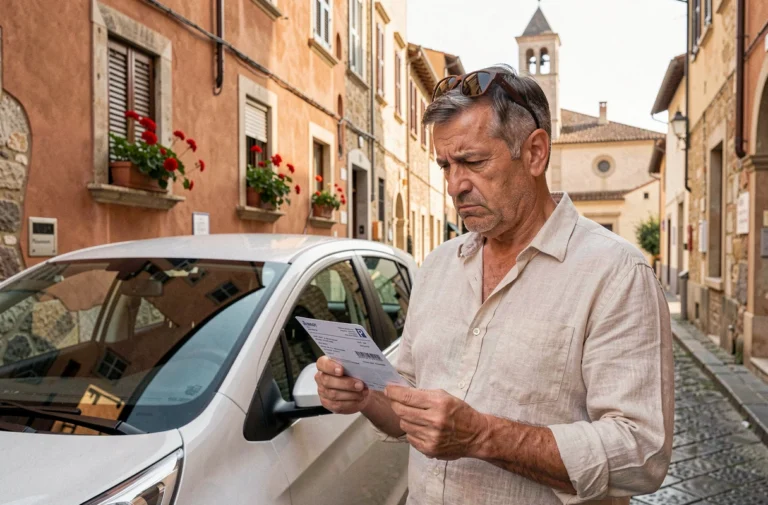Homme examinant une fausse amende de stationnement reçue en Italie à côté d'une voiture de location