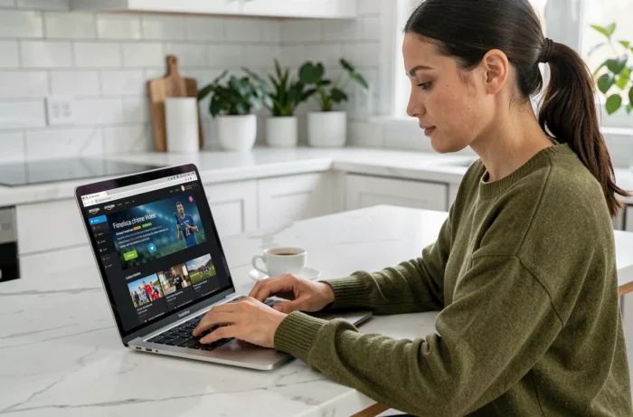 Femme souscrivant à un abonnement Amazon Prime pour regarder la Ligue 1 sur son ordinateur portable