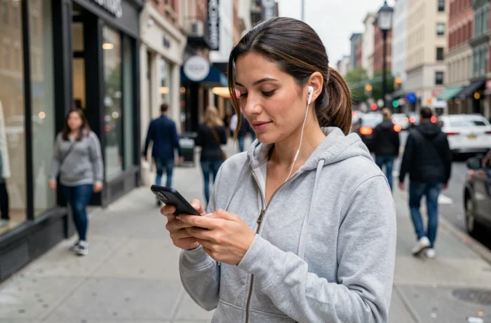 Femme explorant les nouveautés et astuces Android sur son téléphone dans un environnement urbain animé