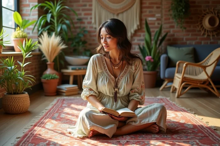 Jeune femme bohème assise sur un tapis marocain dans un appartement décoré de plantes, macramé et mobilier en rotin, incarnant l'art de vivre libre et naturel