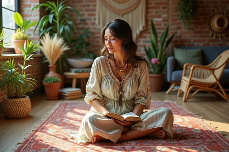 Jeune femme bohème assise sur un tapis marocain dans un appartement décoré de plantes, macramé et mobilier en rotin, incarnant l'art de vivre libre et naturel