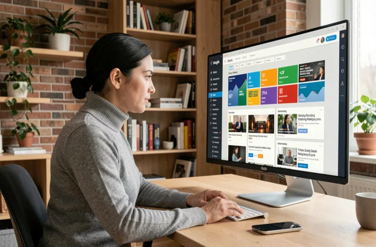 Femme professionnelle découvrant les dernières tendances du web sur un écran ultrawide dans un bureau moderne