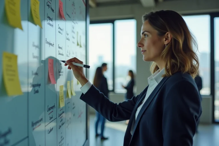 Femme cadre présentant une feuille de route de transformation digitale sur un tableau blanc dans un bureau moderne