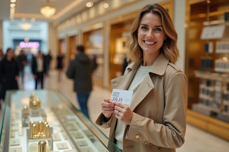 Femme tenant une carte de fidélité Galeries Lafayette dans un grand magasin élégant avec comptoir de cosmétiques