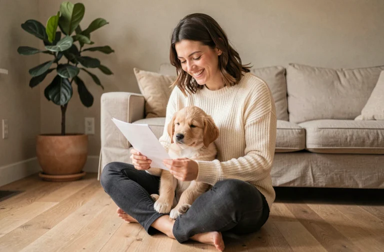 Femme souriante tenant un chiot golden retriever tout en consultant un document d'assurance animaux dans un salon chaleureux