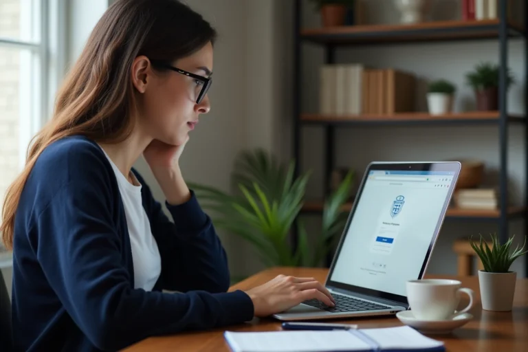 Jeune femme résolvant un problème de connexion au portail académique id ac Versailles sur un ordinateur portable