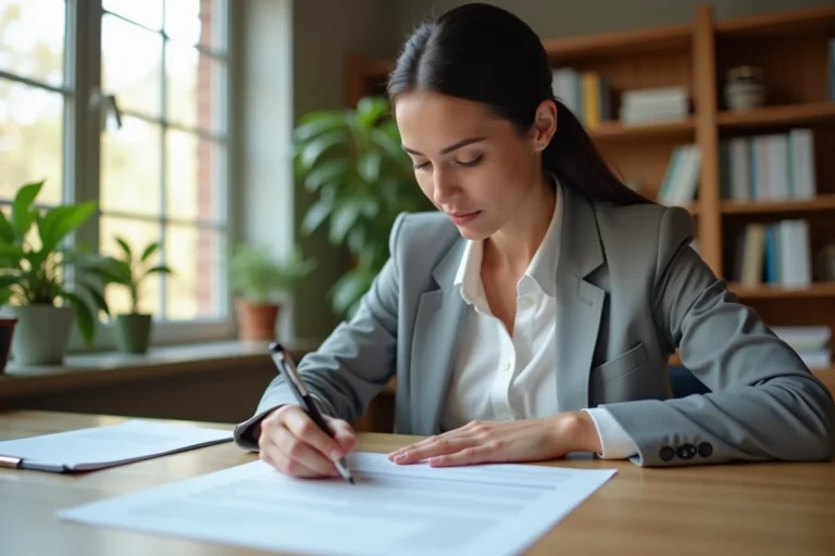 Femme consultant un contrat de bail de location sur un bureau en bois dans un bureau à domicile moderne