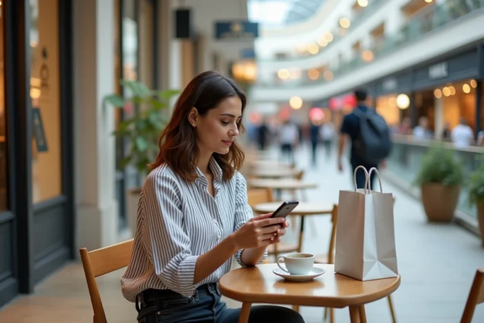 Jeune femme consultant les avantages de sa carte de fidélité Galeries Lafayette sur smartphone dans un café