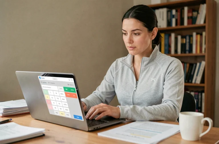 Femme utilisant un convertisseur de miles en kilomètres sur un ordinateur portable dans un bureau à domicile