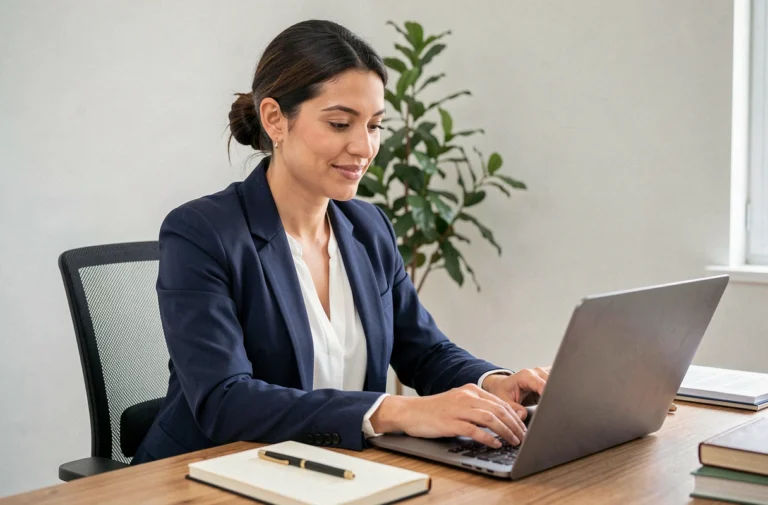 Femme professionnelle qui crée son CV en ligne sur un ordinateur portable dans un bureau à domicile moderne