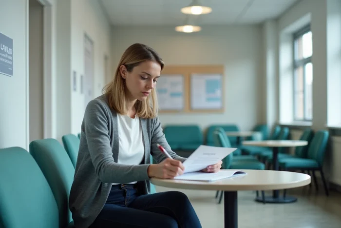 Femme lisant un document juridique dans une salle d'attente d'un cabinet d'aide légale après violation d'une ordonnance d'éloignement