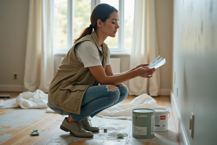 Femme comparant des échantillons de peinture dans un salon en cours de rénovation