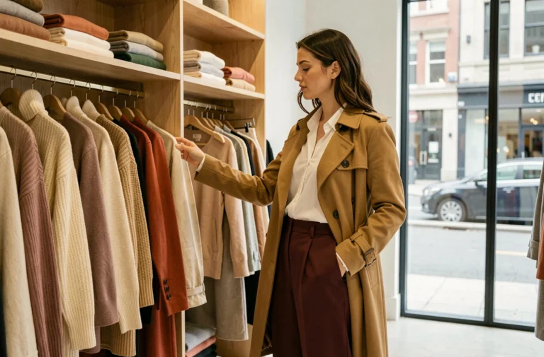 Femme élégante en manteau camel parcourant les rayons d'une boutique de mode féminine chic à la décoration scandinave