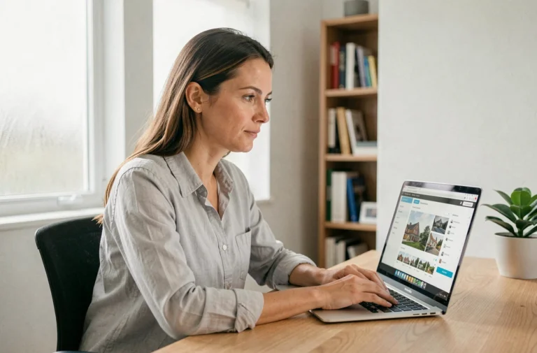Femme accédant à son espace client MyFoncia sur un ordinateur portable depuis son bureau à domicile