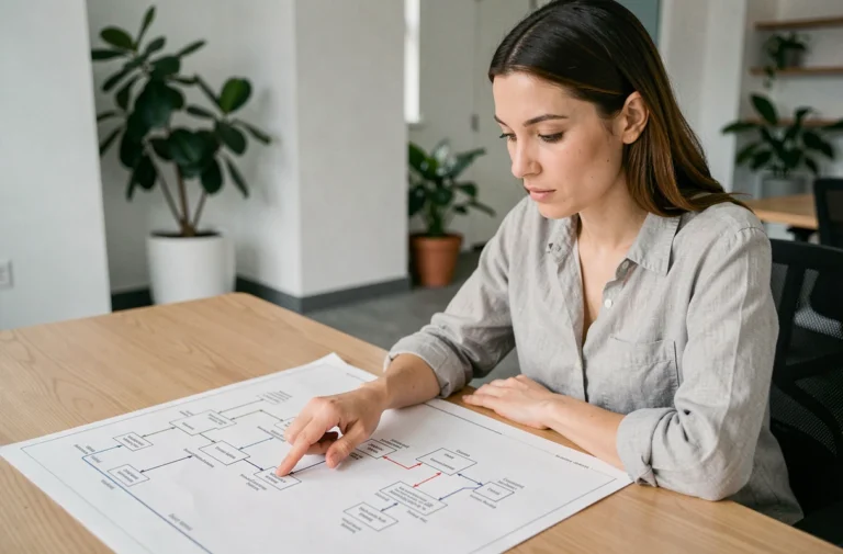 Femme professionnelle étudiant un plan de site structuré imprimé sur un bureau en bois dans un bureau moderne