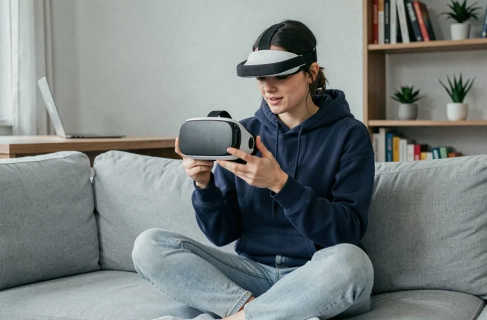 Femme tenant le casque VR Pico 5 et l'examinant de près dans un bureau à domicile