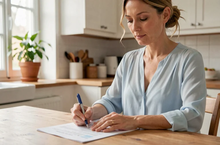 Femme remplissant une feuille de soin Pacifica à la maison pour obtenir un remboursement santé