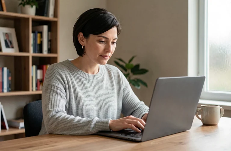 Femme concentrée lisant le contenu d'Internet sur un ordinateur portable dans un bureau à domicile moderne