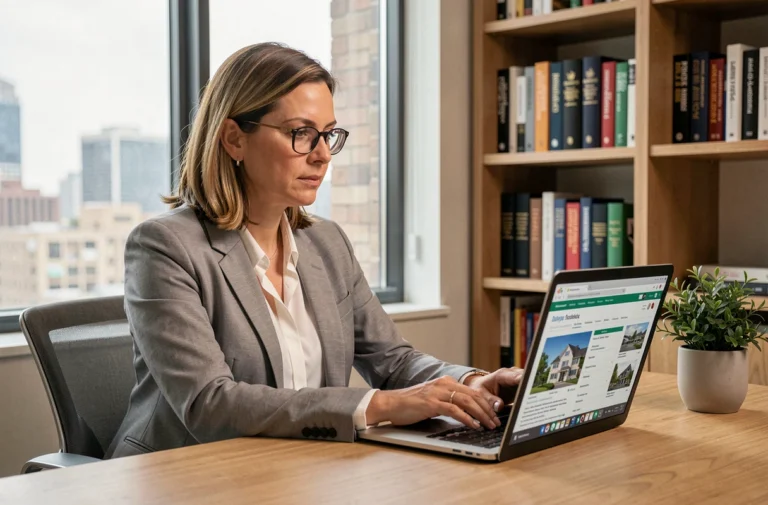 Femme professionnelle consultant des annonces immobilières en ligne sur son ordinateur portable dans un bureau moderne à domicile