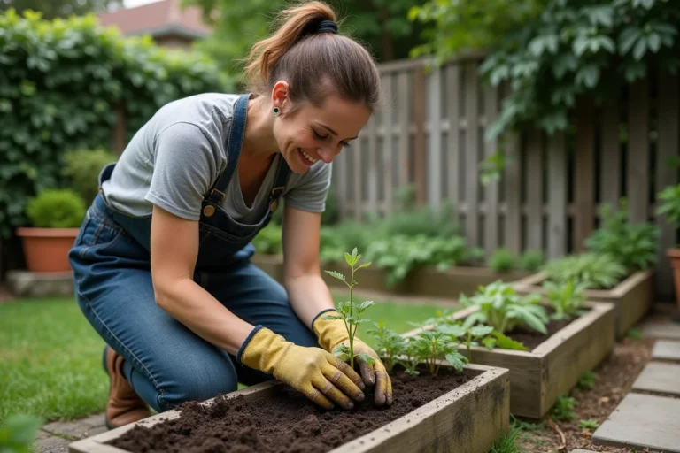Femme qui transplante des plants de tomates dans un potager surélevé avec des gants de jardinage et un tablier en denim