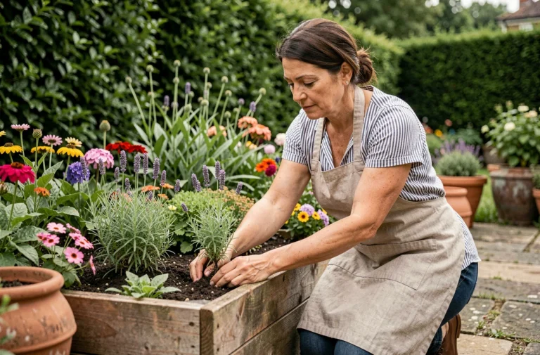 Femme jardinière plantant de la lavande dans un potager surélevé en bois entouré d'herbes aromatiques et de fleurs colorées