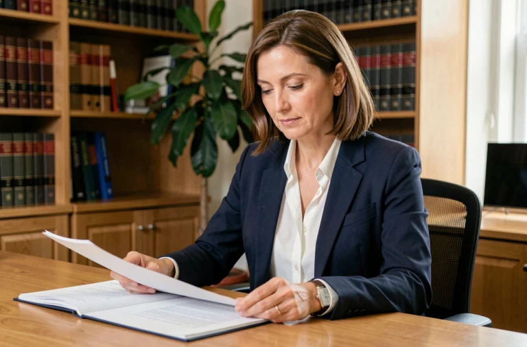 Femme juriste professionnelle analysant des documents juridiques à son bureau dans un cabinet d'avocat