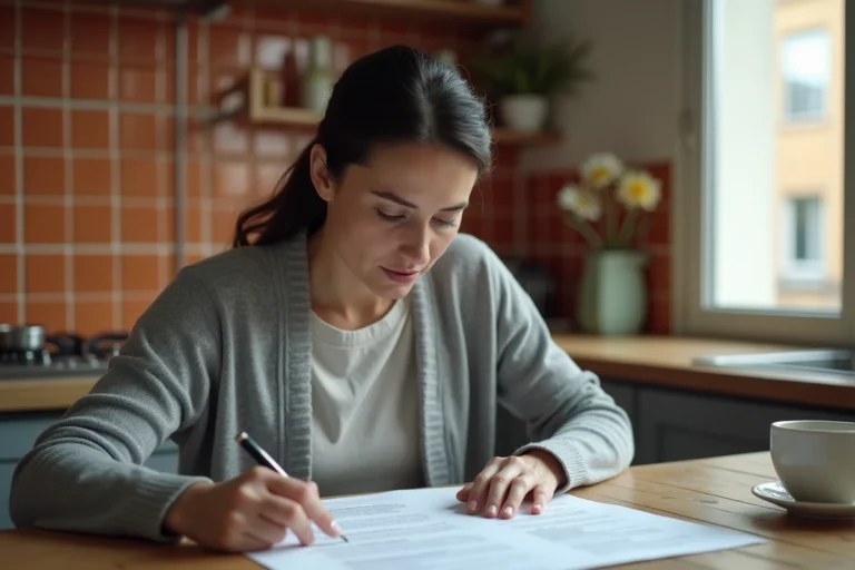 Femme lisant attentivement son contrat d'assurance habitation avant de procéder à la résiliation