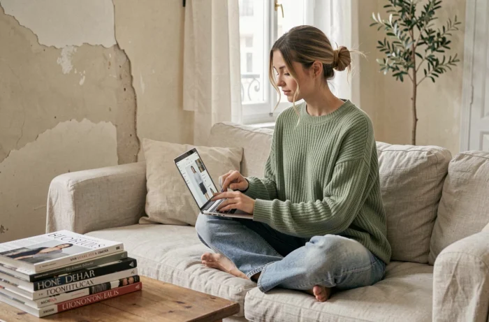 Jeune femme en pull oversize vert sauge naviguant sur des tendances mode féminine en ligne depuis son appartement parisien