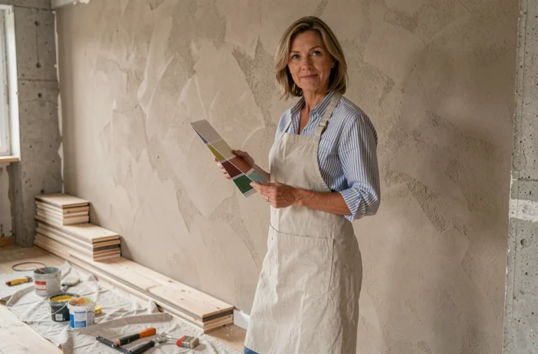 Femme comparant des nuanciers de peinture contre un mur en cours de rénovation dans un salon moderne