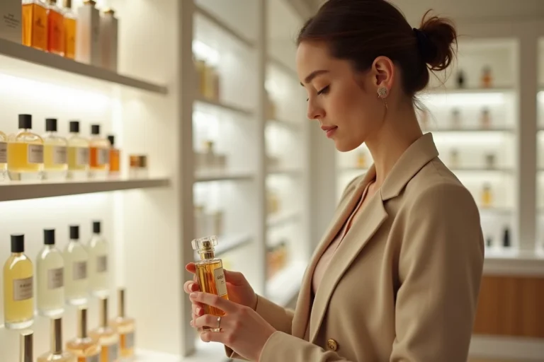Femme examinant un flacon de parfum de luxe dans une parfumerie haut de gamme