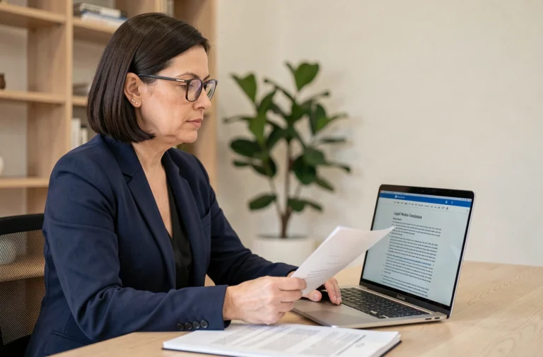 Femme professionnelle consultant les mentions légales d'un site e-commerce sur son ordinateur portable dans un bureau moderne