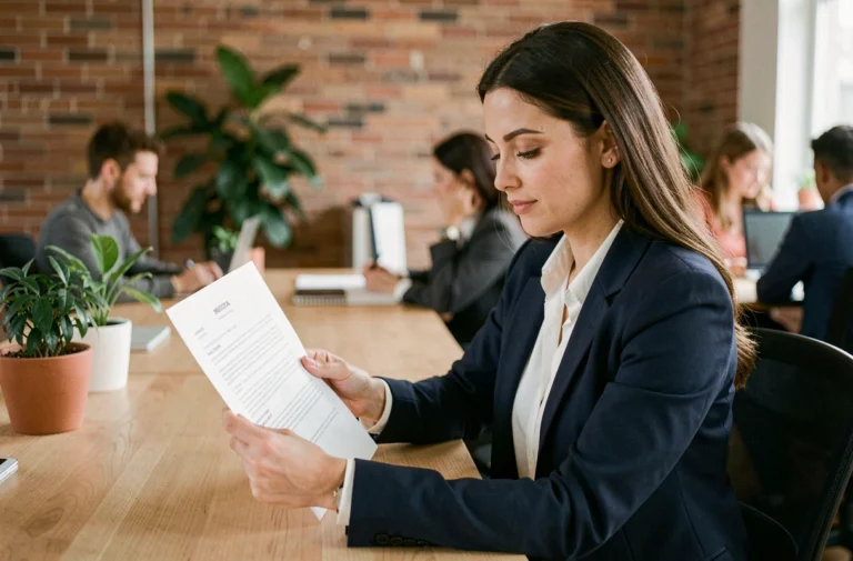 Femme professionnelle en blazer marine révisant son CV dans un espace de coworking moderne, optimisant sa recherche d'emploi