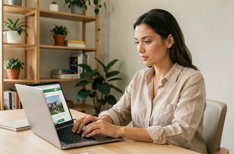Femme consultant des annonces immobilières en ligne sur un ordinateur portable dans un bureau à domicile moderne