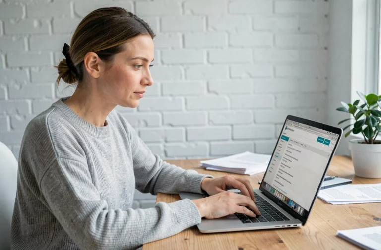 Femme cherchant un emploi sur une plateforme en ligne depuis son bureau à domicile
