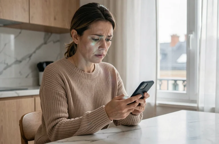 Femme cherchant un médecin de garde sur son smartphone dans une cuisine moderne