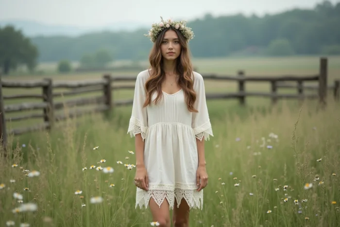 Femme en robe en coton blanc avec couronne florale debout pieds nus dans une prairie de fleurs sauvages, évoquant la liberté et l'esthétique bohème