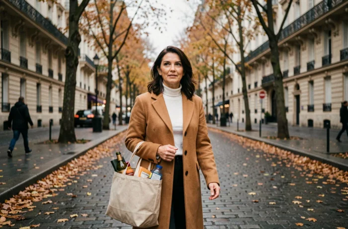 Femme marchant dans une rue parisienne en automne portant un manteau camel, portrait de vie quotidienne et intimité personnelle