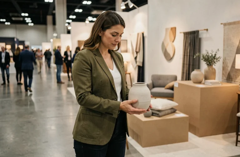 Femme examinant un vase céramique au Salon de la Maison lors d'une exposition de décoration intérieure