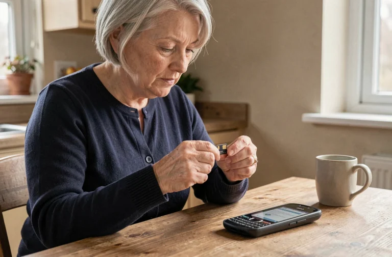 Femme senior tenant une carte SIM devant un téléphone Doro posé sur une table en bois dans une cuisine chaleureuse