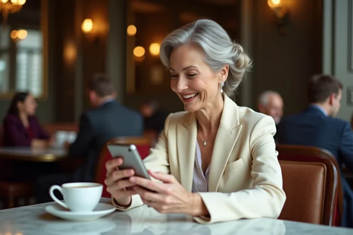Femme élégante de 60 ans souriante dans un café parisien haut de gamme consultant une application de rencontre senior sur smartphone