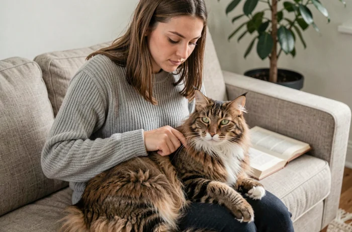 Jeune femme en pull gris brossant un Maine Coon aux longs poils sur ses genoux dans un salon cosy et lumineux